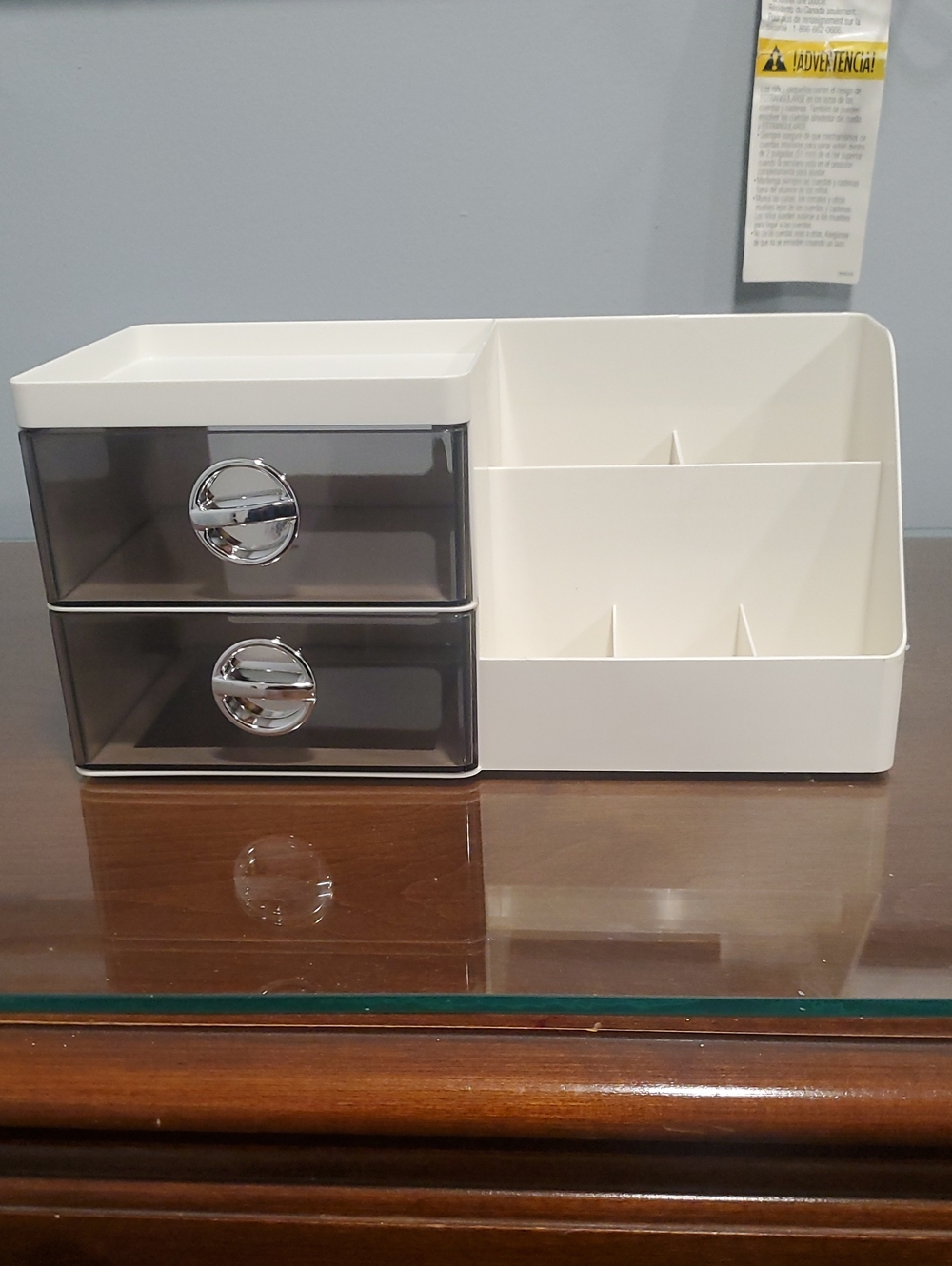 White Makeup Organizer with Smoke Drawers and Divided Compartments